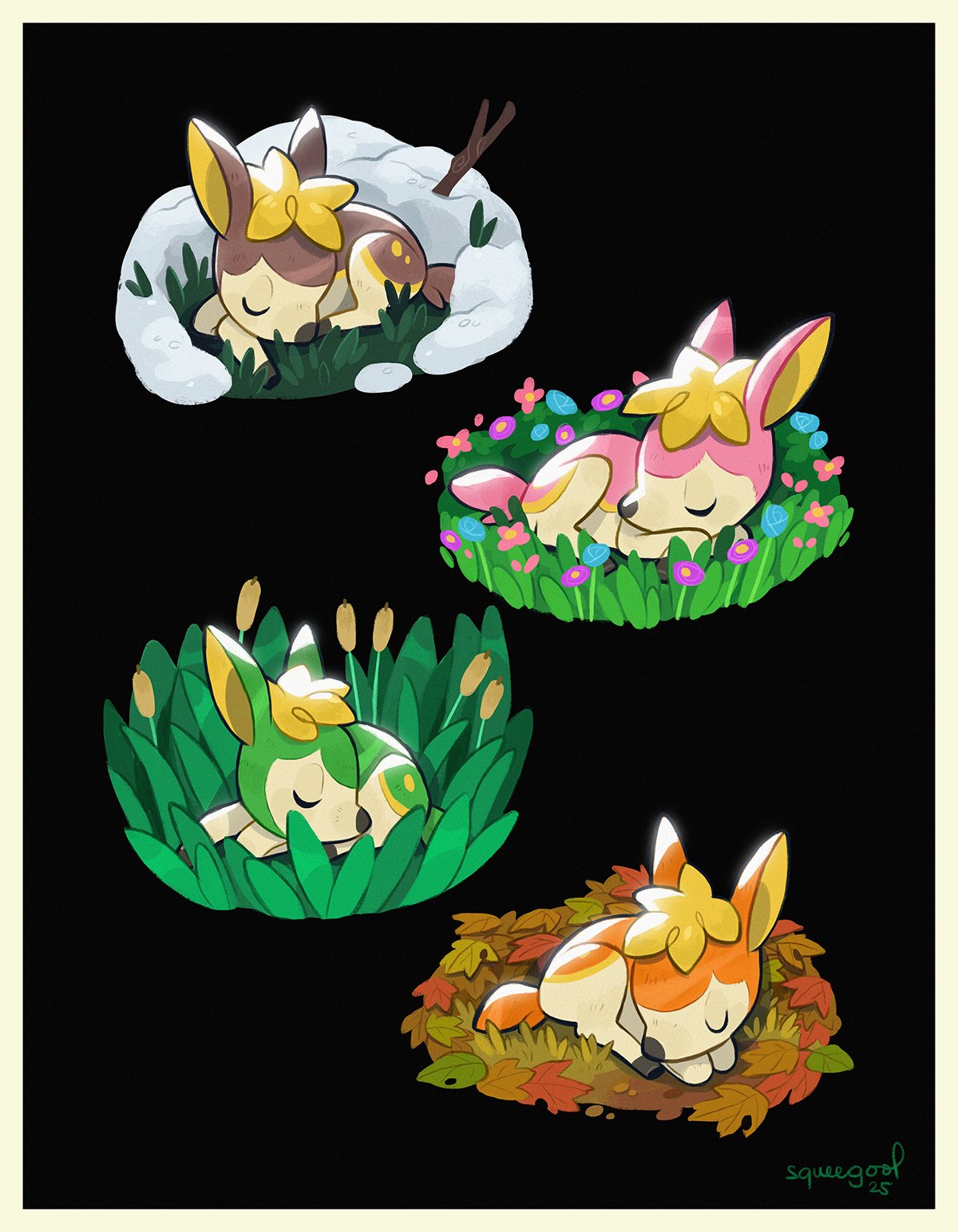artist_name, autumn_leaves, black_background, border, deerling, deerling_(autumn), deerling_(spring), deerling_(summer)