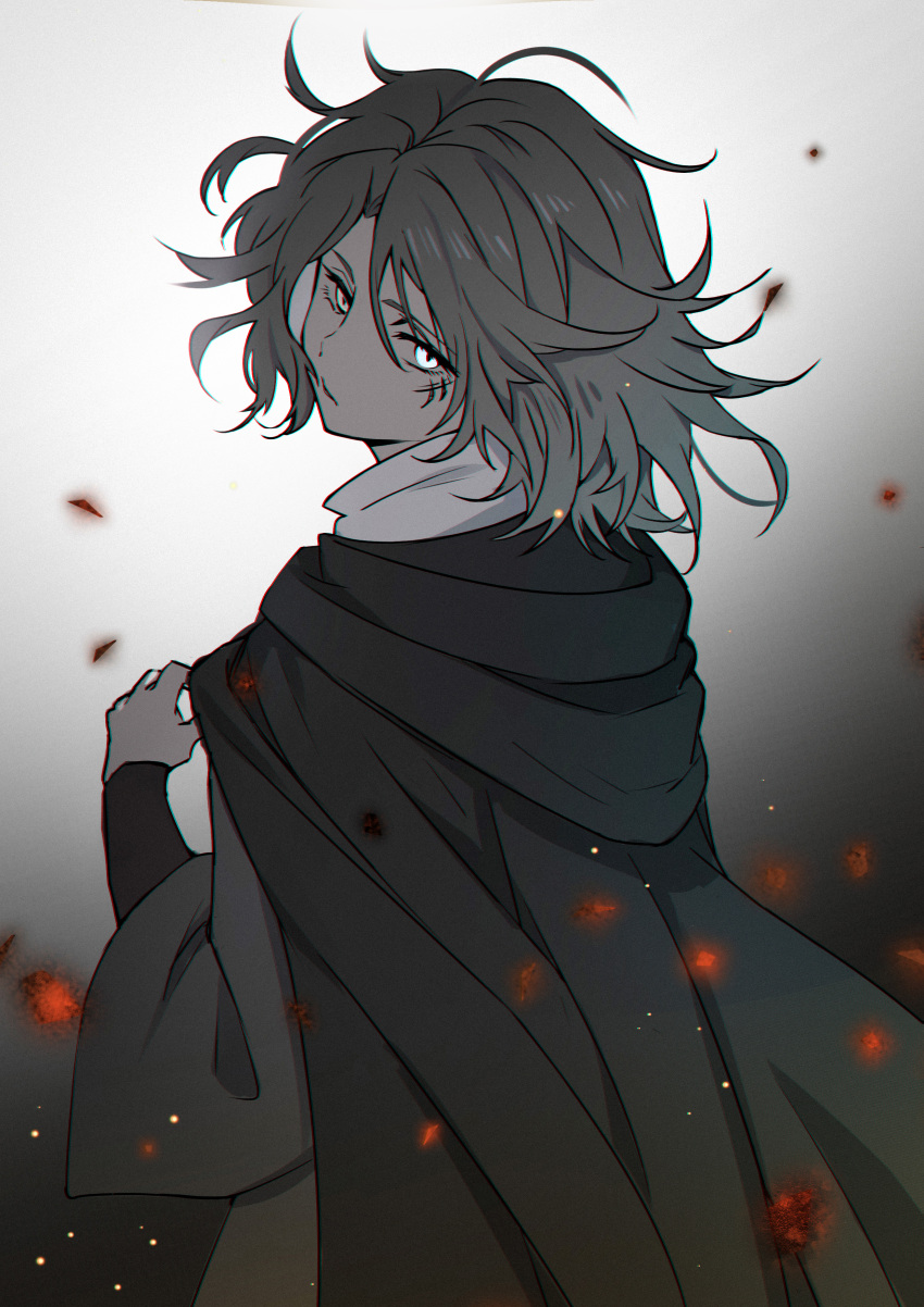 1girl, absurdres, cloak, closed_mouth, elden_ring, embers, hair_between_eyes, highres