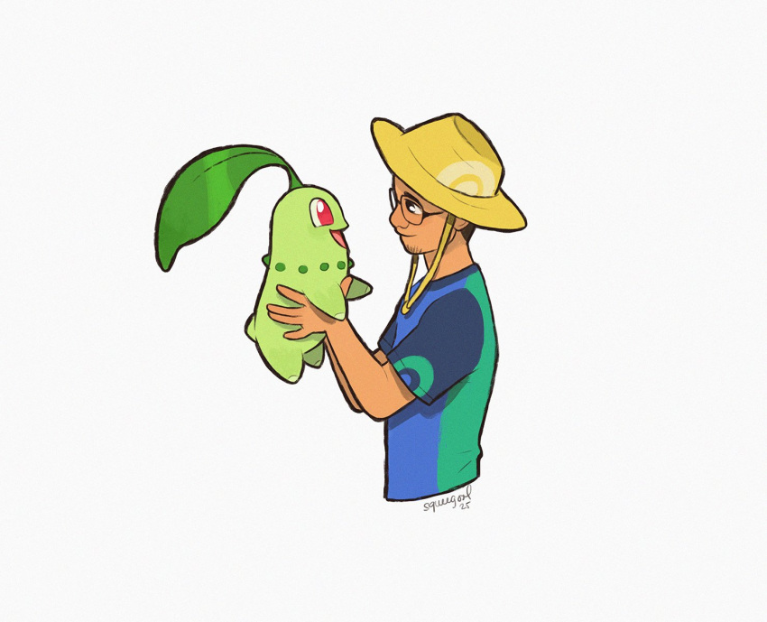1boy, artist_name, blue_shirt, chikorita, colored_skin, from_side, glasses, green_shirt