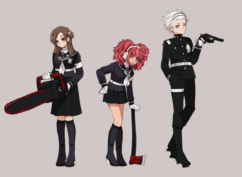 1boy, 2girls, armband, axe, black_boots, boots, brown_hair, chainsaw