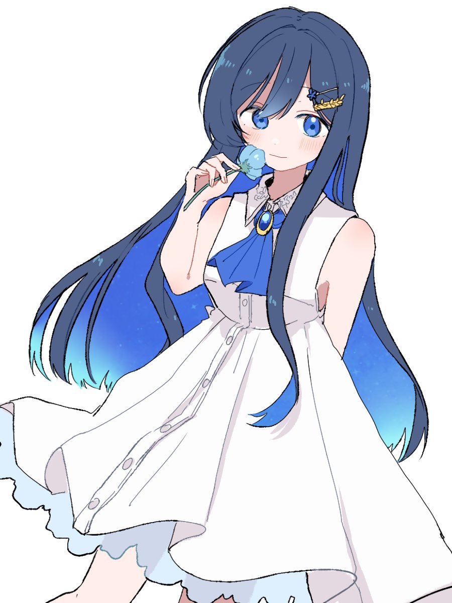 1girl, arm_behind_back, blue_eyes, blue_flower, blue_ribbon, brooch, buttons, cevio