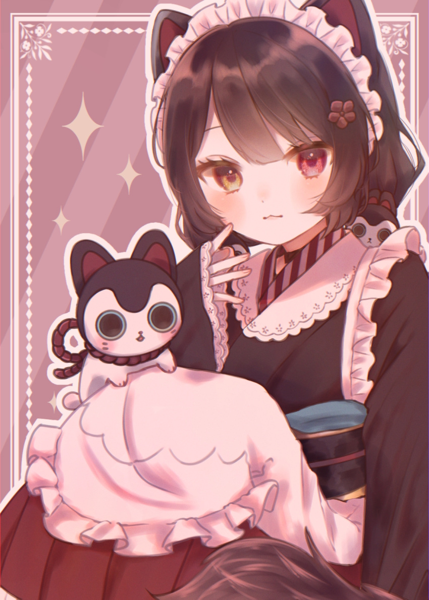1girl, animal_ears, apron, black_hair, cat, cat_ears, closed_mouth, heterochromia