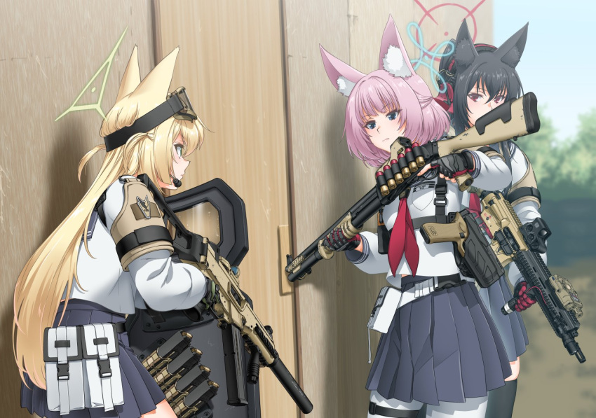 3girls, animal_ears, assault_rifle, ballistic_shield, black_hair, blonde_hair, blue_archive, blue_eyes, blue_halo, blue_sky, ear_protection, eotech, fox_ears, fox_girl, fox_platoon_(blue_archive), green_halo, gun, h&amp;k_hk416, h&amp;k_ump, halo, handgun, henshako, holster, kurumi_(blue_archive), laser_sight, long_hair, multiple_girls, muzzle_device, neckerchief, niko_(blue_archive), outdoors, pink_hair, pump_action, red_eyes, red_halo, red_neckerchief, remington_870, rifle, school_uniform, serafuku, shield, short_hair, shotgun, shotgun_shell, skirt, sky, snow_goggles, submachine_gun, suppressor, training, tree, vertical_foregrip, weapon, wooden_door, wooden_wall, yukino_(blue_archive)