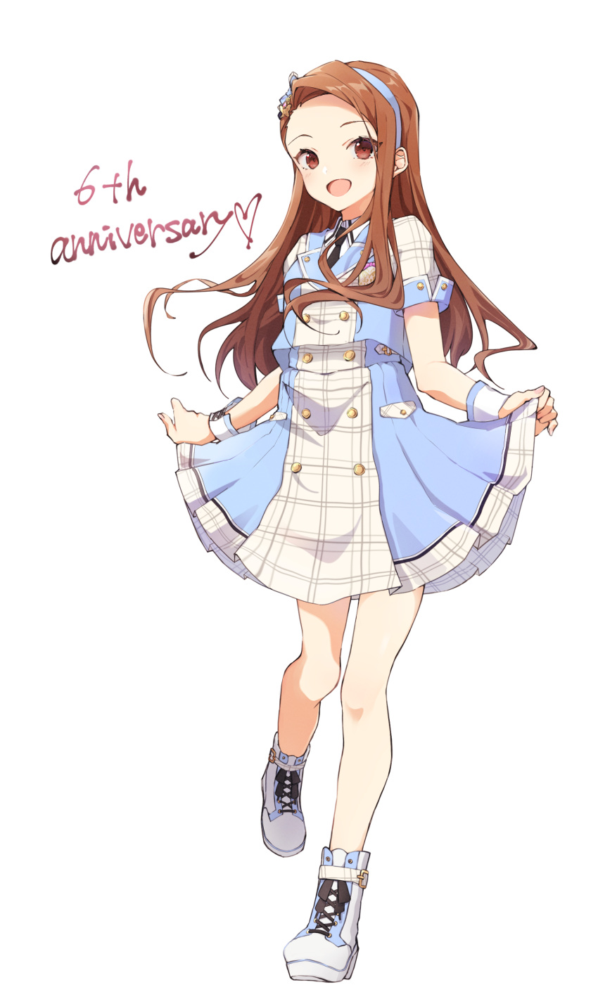 1girl, :d, absurdres, anniversary, black_necktie, blue_hairband, brown_eyes, brown_hair