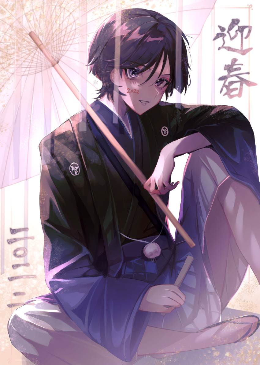1boy, 2022, absurdres, alternate_costume, arm_on_knee, black_hair, black_haori, black_kimono