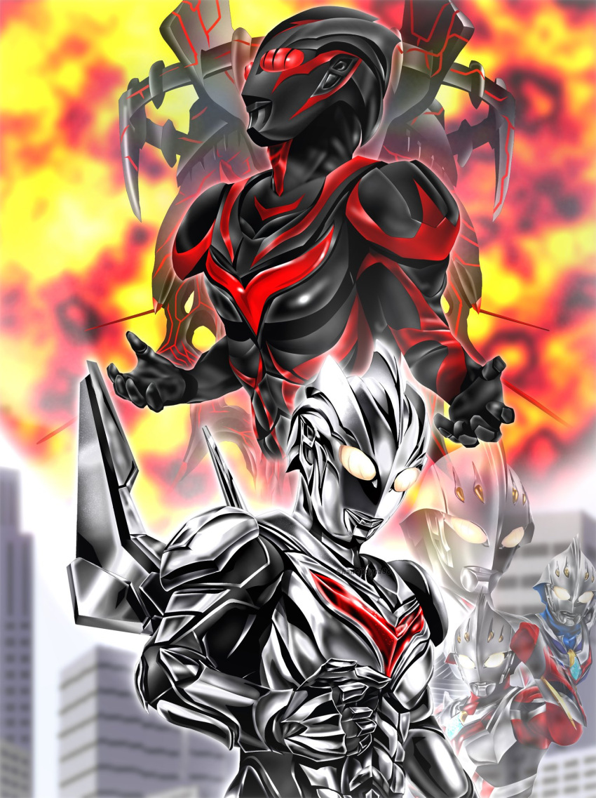 2boys, alien, armor, black_skin, blue_skin, blurry, blurry_background, breastplate