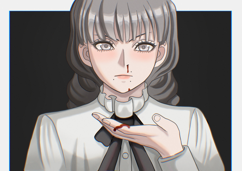 1girl, absurdres, black_background, black_ribbon, blood, blood_on_hands, border, brown_eyes, brown_hair, closed_mouth, commentary, face_piercing, fear_&amp;_hunger_(series), fear_&amp;_hunger_2:_termina, frilled_shirt_collar, frills, highres, lips, long_hair, long_sleeves, looking_at_viewer, magna_lucis, marina_(fear_&amp;_hunger), mouth_piercing, neck_ribbon, nosebleed, outside_border, piercing, ribbon, shirt, solo, upper_body, white_border, white_shirt