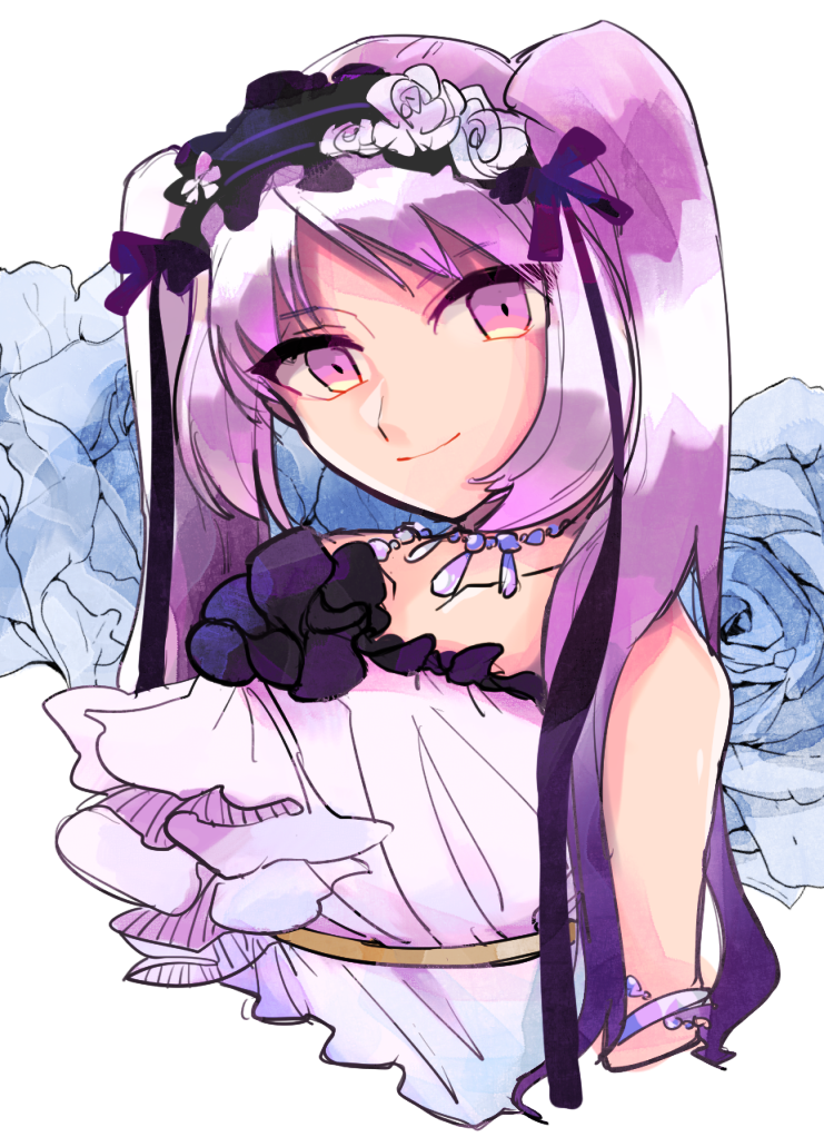 1girl, bare_shoulders, black_hairband, bracelet, c_siba_ofbt_tjkk, commentary, cropped_torso, euryale_(fate), euryale_(third_ascension)_(fate), fate/grand_order, fate_(series), flower, hairband, jewelry, long_hair, looking_at_viewer, necklace, purple_hair, simple_background, smile, solo, twintails, violet_eyes, white_background
