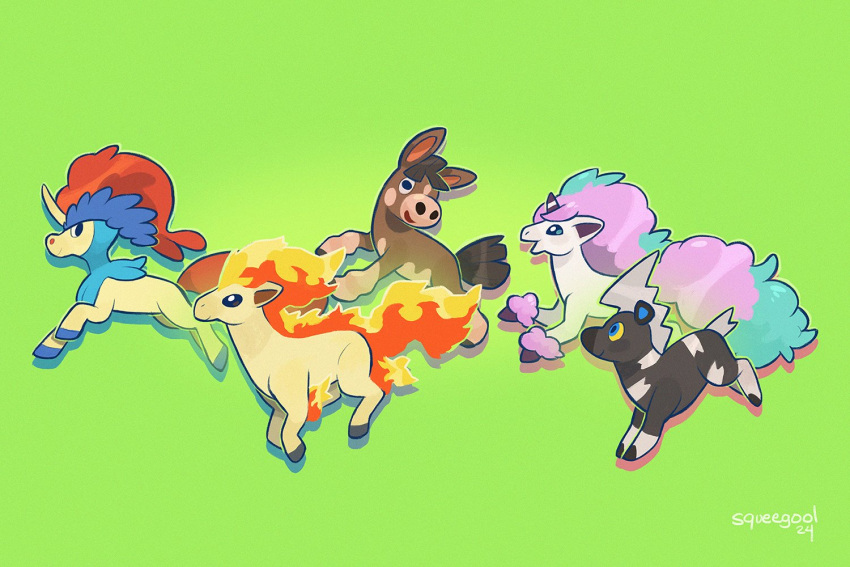 black_fur, blitzle, brown_fur, from_side, galarian_ponyta, green_background, keldeo, keldeo_(ordinary)