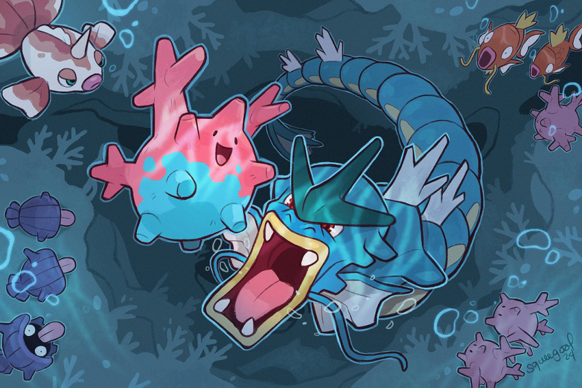 air_bubble, bubble, corsola, goldeen, gyarados, horns, magikarp, no_humans