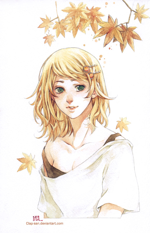 breasts, bust, cleavage, collarbone, copyright_request, face, green_eyes, leaf