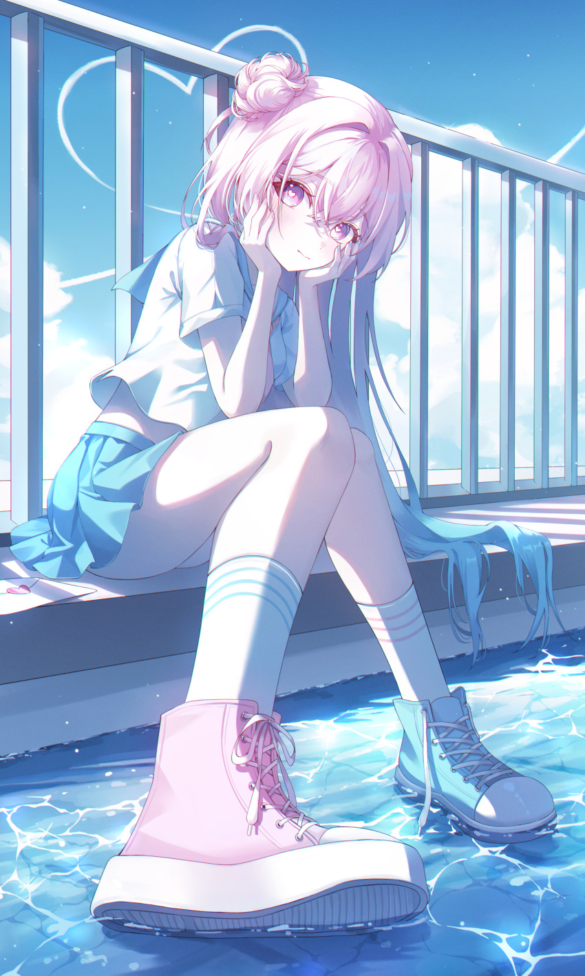 1girl, absurdres, asymmetrical_footwear, asymmetrical_hair, blue_hair, blue_sailor_collar, blue_skirt, blue_sky, blush, boots, closed_mouth, clouds, confession, contrail, fence, foreshortening, full_body, hair_bun, hands_on_own_cheeks, hands_on_own_face, hands_up, head_tilt, heart, heart_in_eye, high_tops, highres, hoyo_illust, iron_fence, knees_together_feet_apart, knees_up, legs, letter, light_blush, long_hair, looking_at_viewer, love_letter, midriff_peek, mismatched_footwear, multicolored_hair, on_rooftop, original, pink_boots, pink_eyes, pink_hair, pleated_skirt, rooftop, sailor_collar, school_uniform, serafuku, shadow, shirt, shoe_soles, shoes, short_sleeves, sitting, skirt, sky, sneakers, socks, solo, star_(sky), symbol_in_eye, thigh-highs, very_long_hair, water, white_shirt, white_socks