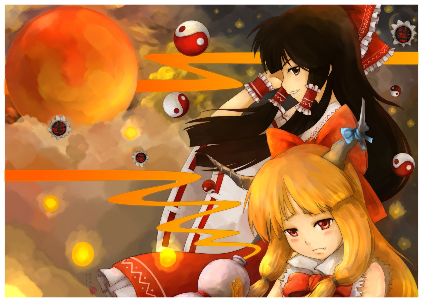 2girls, absurdres, black_hair, bow, brown_horns, clouds, frilled_bow, frilled_cuffs