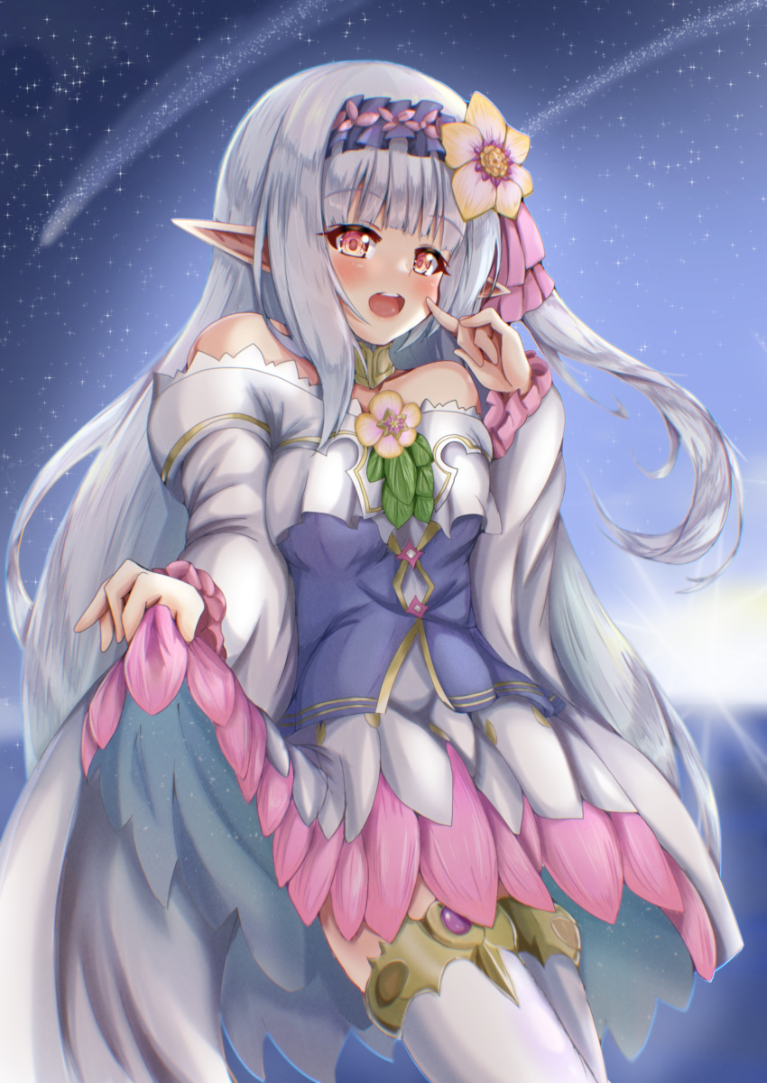 1girl, absurdres, blue_hair, clothes_lift, dawn, dress, flower, frilled_sleeves
