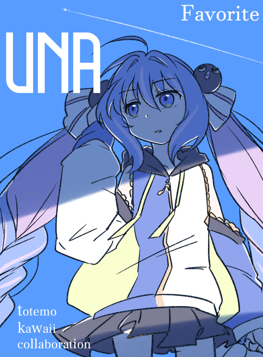 1girl, absurdly_long_hair, adapted_costume, ahoge, asymmetrical_sleeves, bare_shoulders, black_hood, black_skirt, blue_background, blue_eyes, blue_hair, braid, character_name, colored_inner_hair, commentary_request, cover, cowboy_shot, eighth_note, english_text, fake_cover, fake_magazine_cover, hair_intakes, hair_ornament, highres, hood, hooded_jacket, jacket, long_hair, long_sleeves, looking_to_the_side, low-braided_long_hair, low-tied_long_hair, magazine_cover, mismatched_sleeves, multicolored_hair, multicolored_jacket, musical_note, neon-tetora, otomachi_una, otomachi_una_(sv), parted_lips, pink_hair, pink_streaks, pleated_skirt, puffy_long_sleeves, puffy_sleeves, raglan_sleeves, romaji_text, shade, sidelocks, simple_background, skirt, solo, standing, streaked_hair, synthesizer_v, twintails, two-tone_hair, very_long_hair, vocaloid, zipper