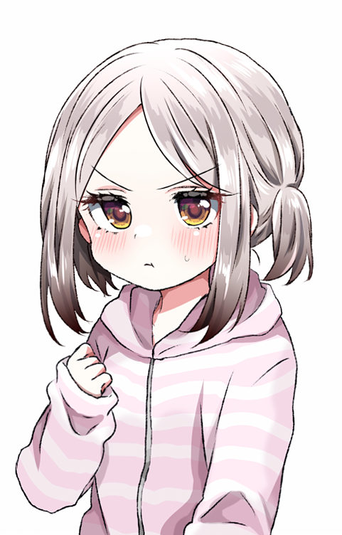 1girl, :t, blush, clenched_hand, closed_mouth, forehead, hand_up, hood