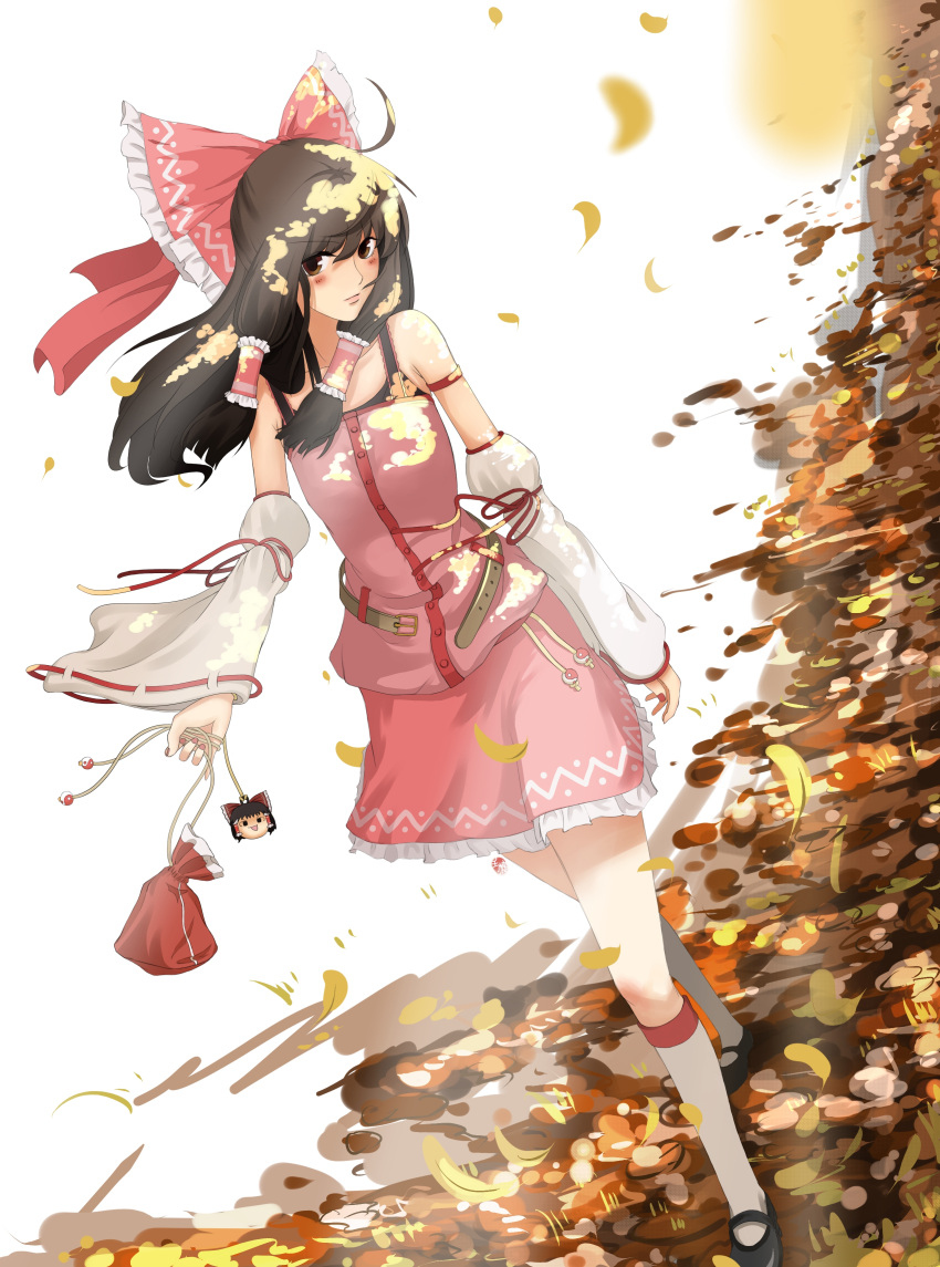 1girl, absurdres, adapted_costume, ahoge, alternate_costume, autumn, autumn_leaves, bare_shoulders