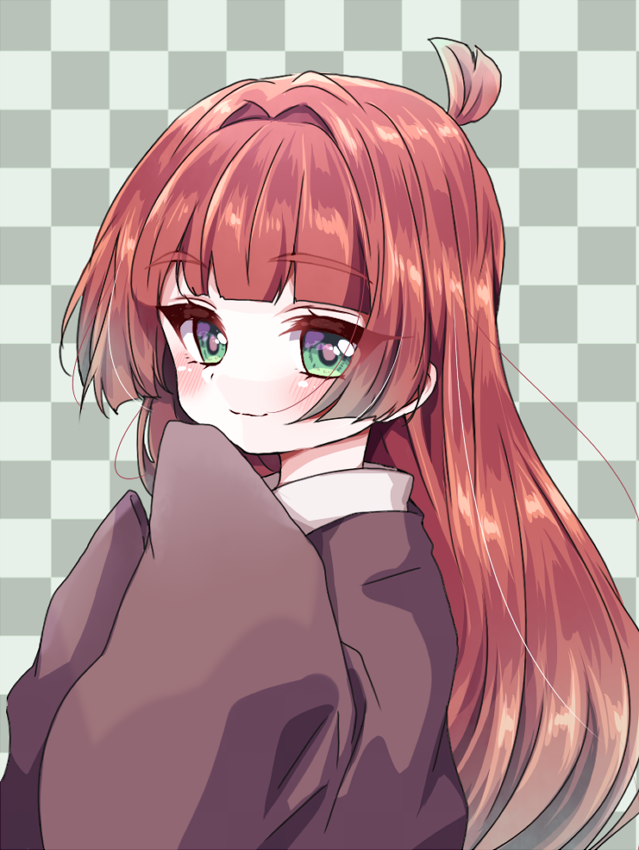 1girl, ahoge, blunt_bangs, blush, brown_kimono, checkered_background, closed_mouth, from_side