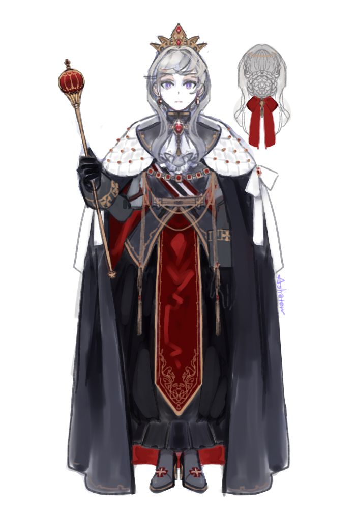 1girl, aged_up, asha_in_erinn, boots, cloak, crown, eremon_(mabinogi), grey_hair