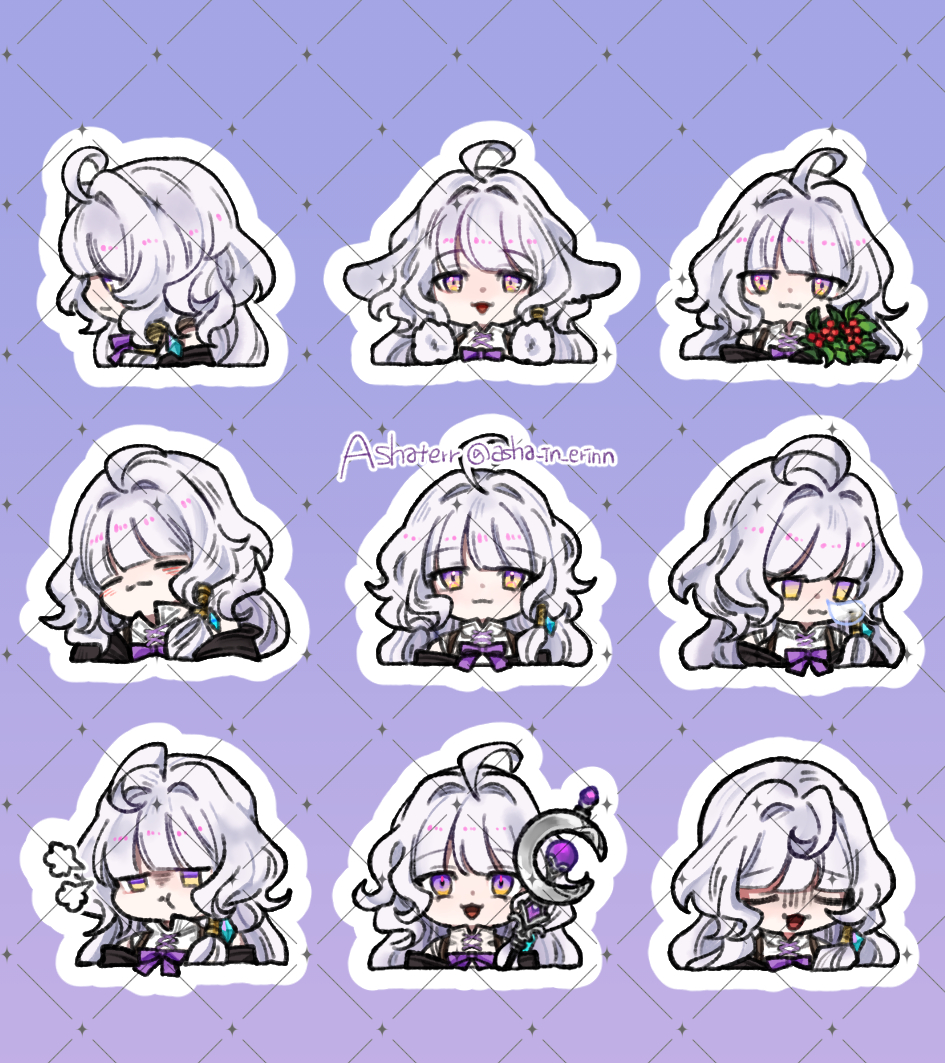 1girl, ahoge, asha_in_erinn, chibi, chibi_only, grey_hair, mabinogi, multicolored_eyes, multiple_expressions, purple_background, rowan_(mabinogi), two-tone_eyes, wand