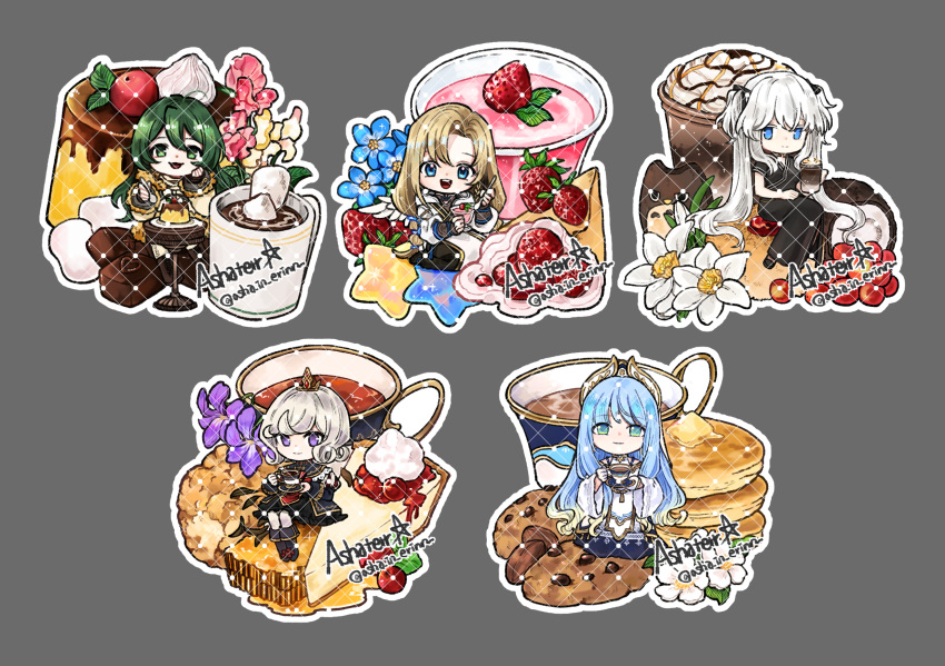 asha_in_erinn, blony_(mabinogi), cake, coffee, cookie, eremon_(mabinogi), etain_(mabinogi), food