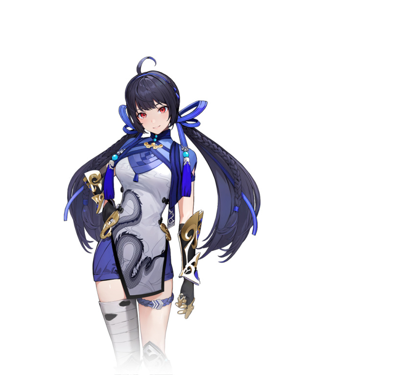 1girl, ahoge, bandaged_leg, bandages, black_gloves, black_hair, blue_dress, blue_hair, blue_ribbon, braid, breasts, china_dress, chinese_clothes, closed_mouth, cropped_legs, dress, gauntlets, gloves, hair_ribbon, hairband, hand_on_own_hip, long_hair, looking_at_viewer, mechanical_arms, medium_breasts, multicolored_hair, official_art, pelvic_curtain, red_eyes, ribbon, smile, solo, standing, starward, tachi-e, thigh_strap, transparent_background, twintails, white_dress, xiaoling_(starward)