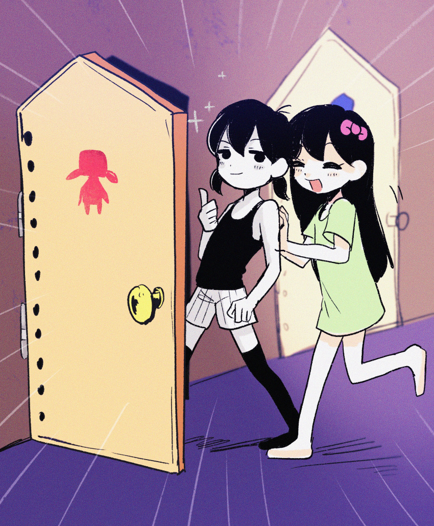 2girls, :d, ^_^, aubrey_(headspace)_(omori), aubrey_(omori), bare_arms, bare_legs, bare_shoulders, barefoot, behind_another, black_hair, black_tank_top, bow, closed_eyes, closed_mouth, colored_skin, commentary_request, dot_nose, double-parted_bangs, dress, emphasis_lines, empty_eyes, film_grain, full_body, gameplay_mechanics, genderswap, genderswap_(mtf), green_dress, hair_between_eyes, hair_bow, highres, in-universe_location, indoors, long_hair, low_twintails, multiple_girls, no_pupils, no_shoes, omori, omori_(omori), open_door, open_mouth, pink_bow, restroom_symbol, short_dress, short_hair, short_sleeves, shorts, smile, smug, sparkle, standing, standing_on_one_leg, straight_hair, striped_clothes, striped_shorts, tairiku, tank_top, thumbs_up, twintails, vertical-striped_clothes, vertical-striped_shorts, walking, white_shorts, white_skin