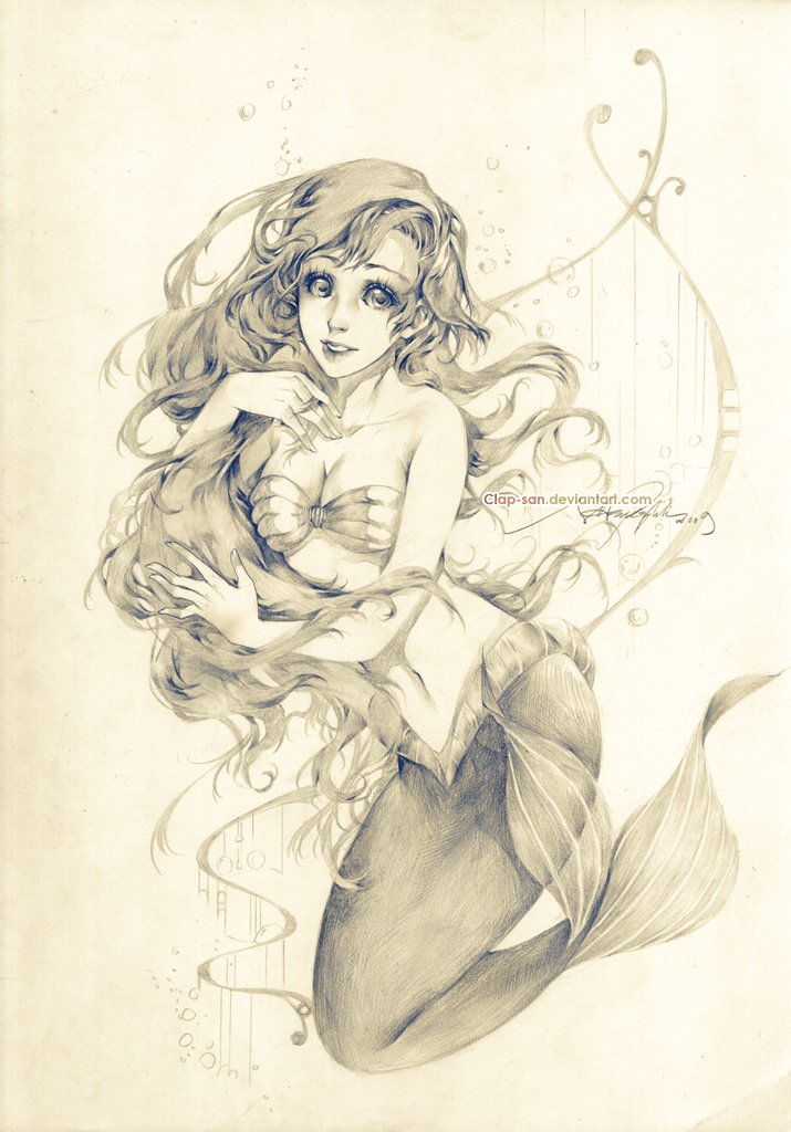 breasts, bubble, cleavage, face, graphite_(medium), long_hair, mermaid, monochrome