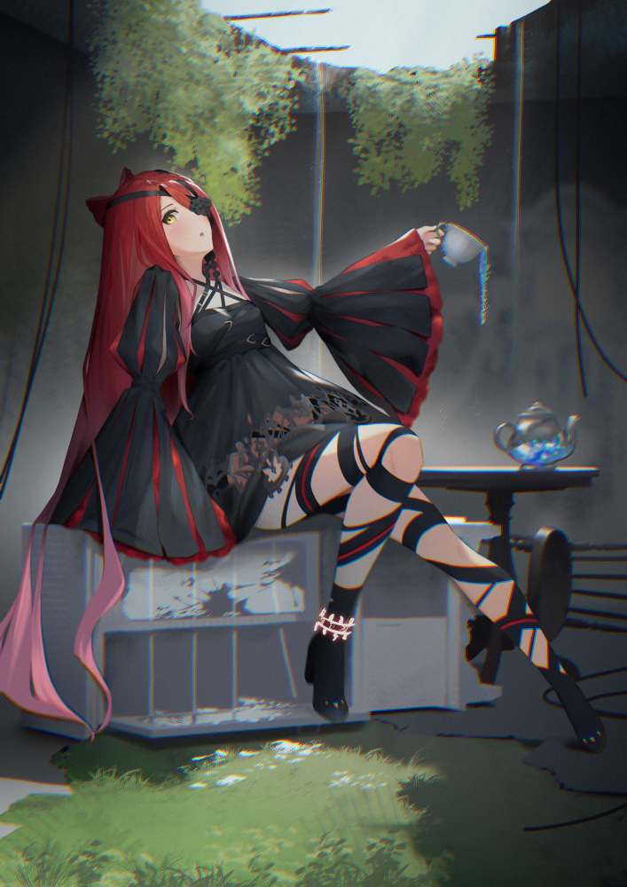 1girl, black_dress, blush, breasts, cup, dress, fate/grand_order, fate_(series)