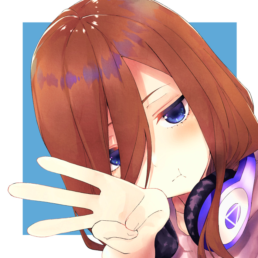 1girl, absurdres, blue_background, blue_eyes, brown_hair, closed_mouth, commentary, counting