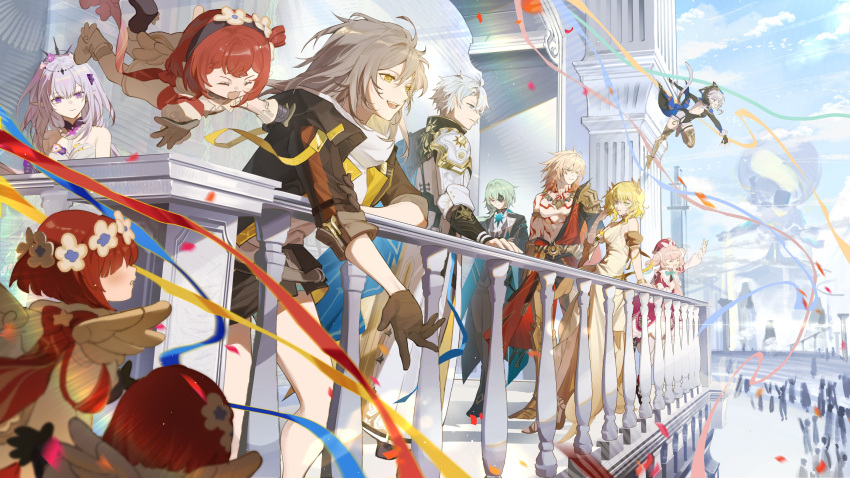 3boys, 6+girls, absurdres, aglaea_(honkai:_star_rail), anaxa_(honkai:_star_rail), angel_wings, animal_ears, black_coat