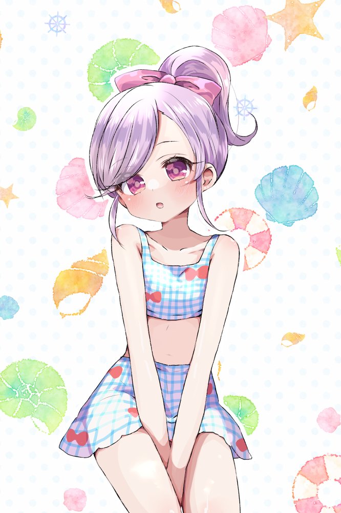 1girl, :o, between_legs, bikini, bikini_skirt, blue_bikini, blush, bow