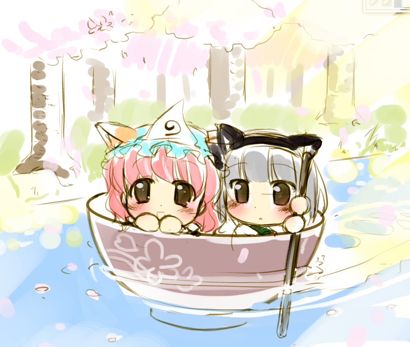 afloat, animal_ears, blush, bowl, cat_ears, chibi, chopsticks, forest