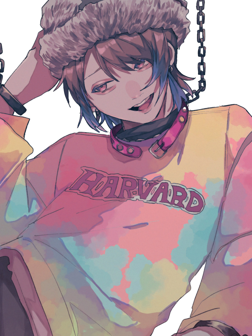1boy, aegyo_sal, akune_rindo, animal_collar, arm_at_side, brown_hair, chain, chain_necklace