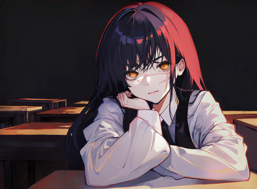 1girl, black_background, black_hair, black_necktie, black_vest, brown_eyes, chainsaw_man, classroom