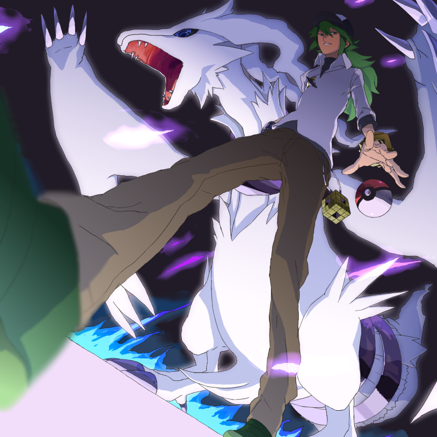 1boy, blurry, depth_of_field, dutch_angle, foreshortening, from_below, green_hair, hat, highres, jewelry, male, n_(pokemon), perspective, poke_ball, pokemon, pokemon_(creature), pokemon_(game), pokemon_black_and_white, pokemon_bw, reshiram, serohan