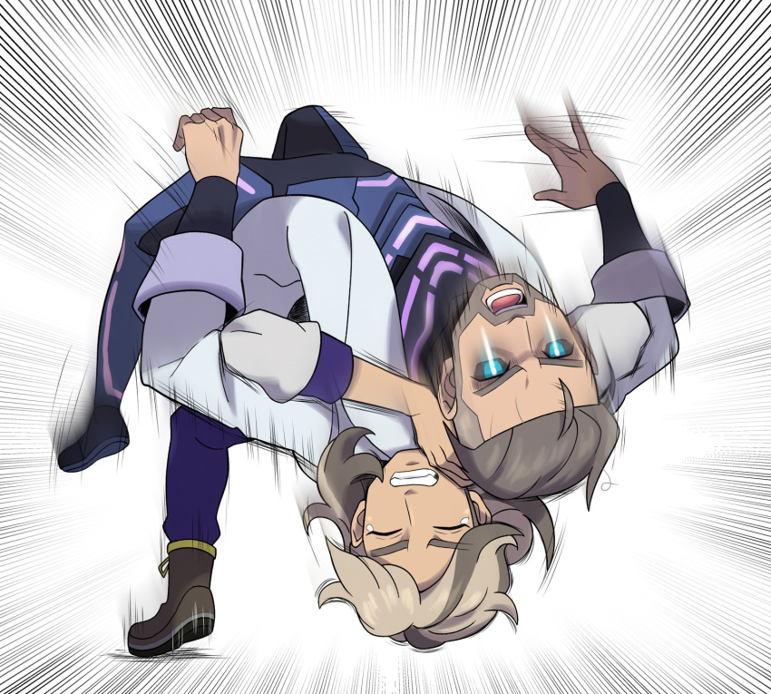 2boys, arven_(pokemon), asatsuki_(fgfff), beard, bodysuit, boots, brown_boots, brown_hair
