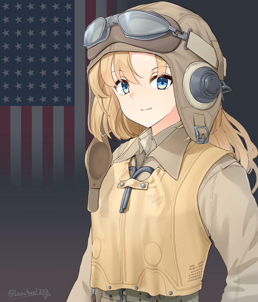 1girl, absurdres, american_flag, american_flag_background, artist_name, battle_of_midway, belt, blonde_hair