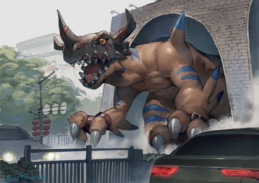 absurdres, artist_name, blue_skin, bly_mead, car, claws, colored_sclera, colored_skin