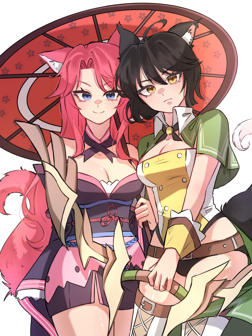 2girls, absurdres, animal_ears, black_hair, black_panties, blue_eyes, bow_(weapon), cape