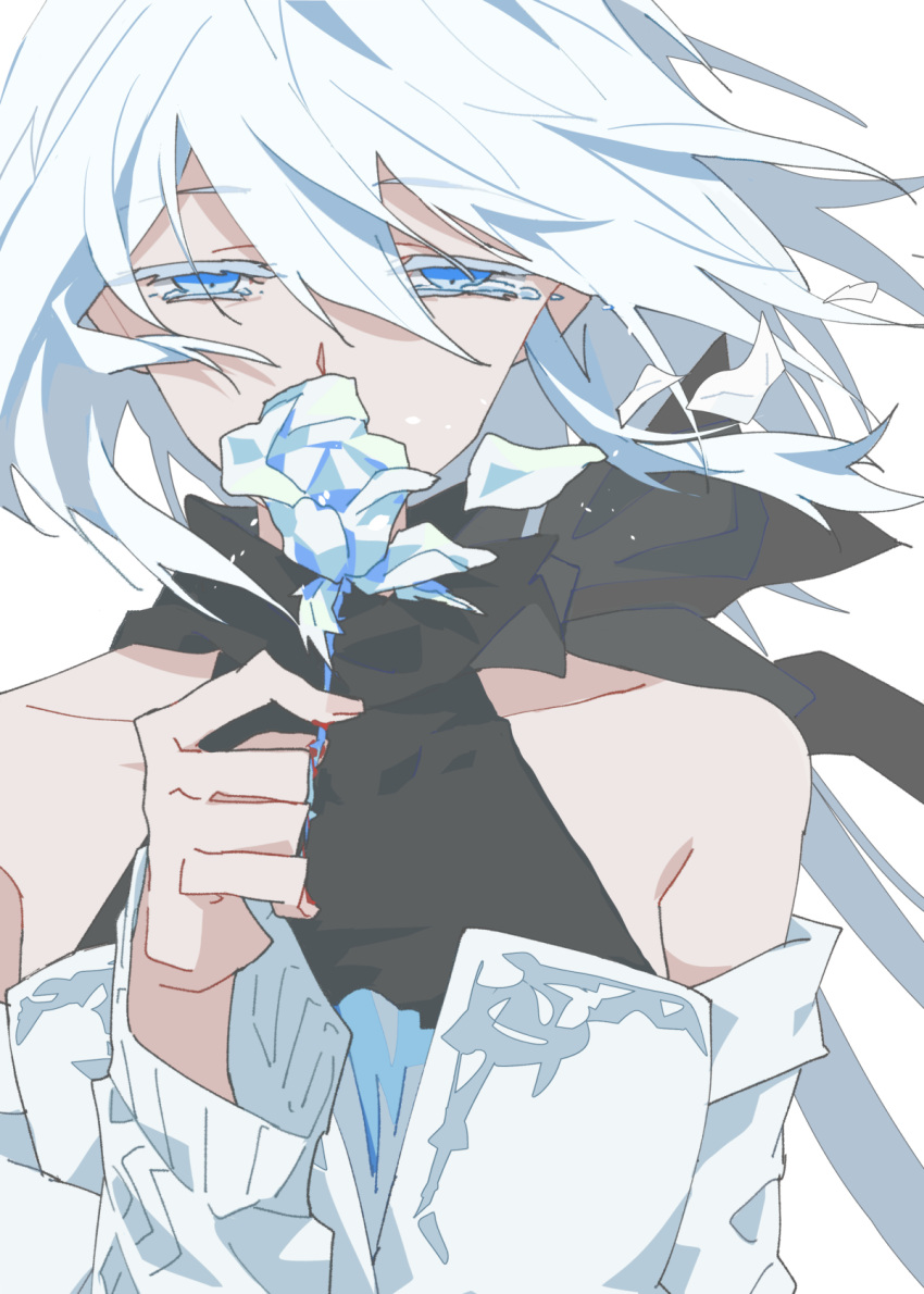 1girl, bare_shoulders, blue_eyes, chinese_commentary, commentary_request, detached_sleeves, eileen_(honkai:_star_rail), flower