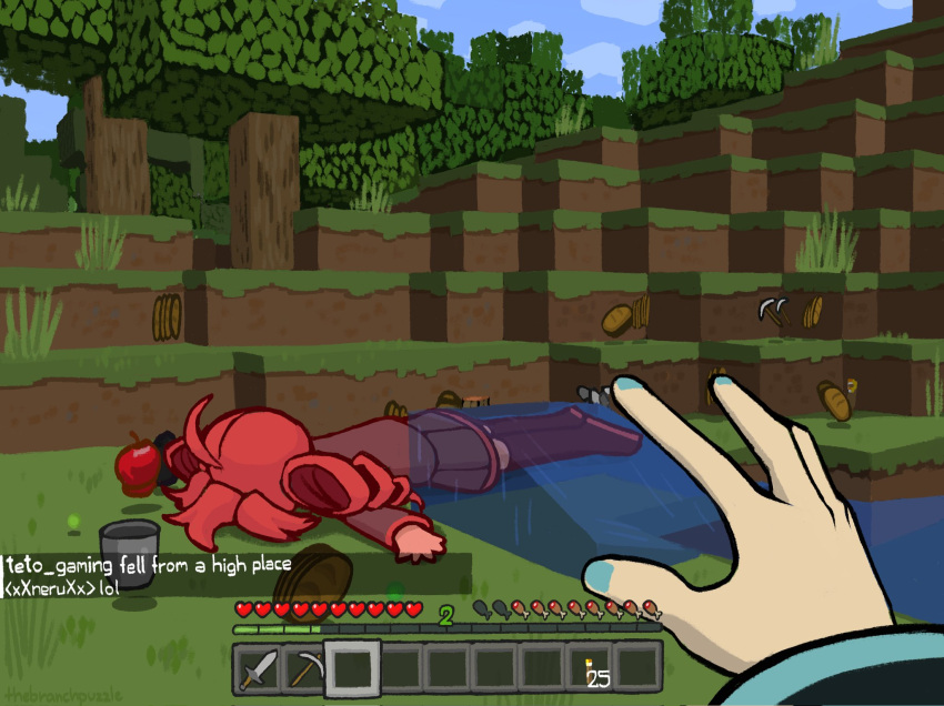 2girls, ahoge, apple, aqua_nails, branchpuzzle, bread, bucket, candle