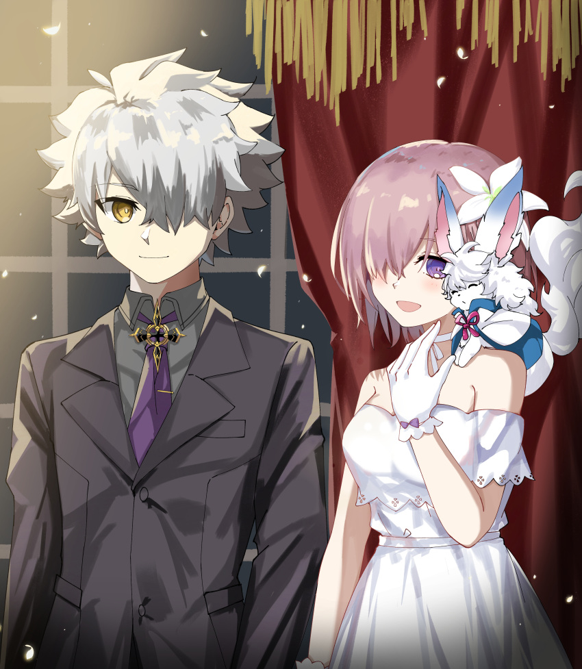 1boy, 1girl, absurdres, alternate_costume, bare_shoulders, black_suit, collared_shirt, commentary_request
