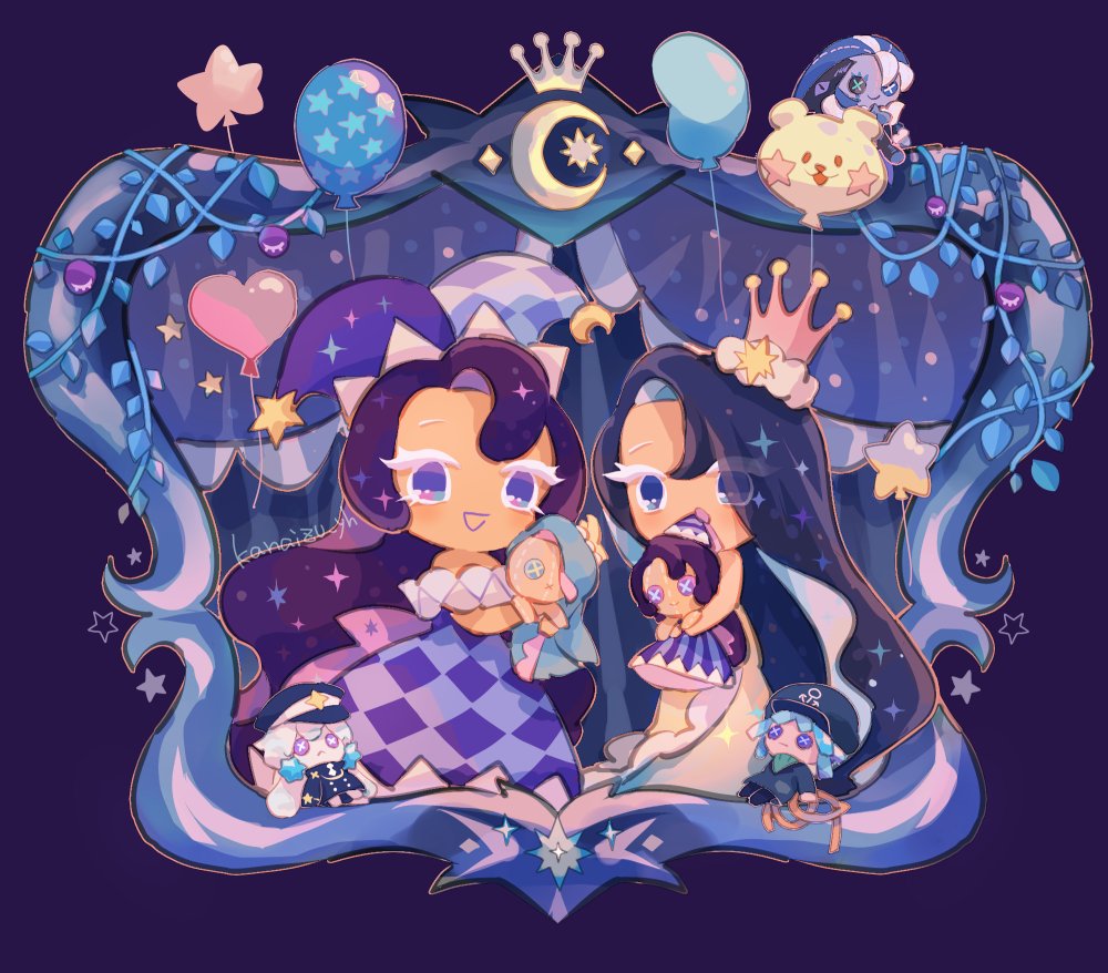 2girls, :d, absurdly_long_hair, artist_name, back_bow, balloon, bare_arms, bare_shoulders