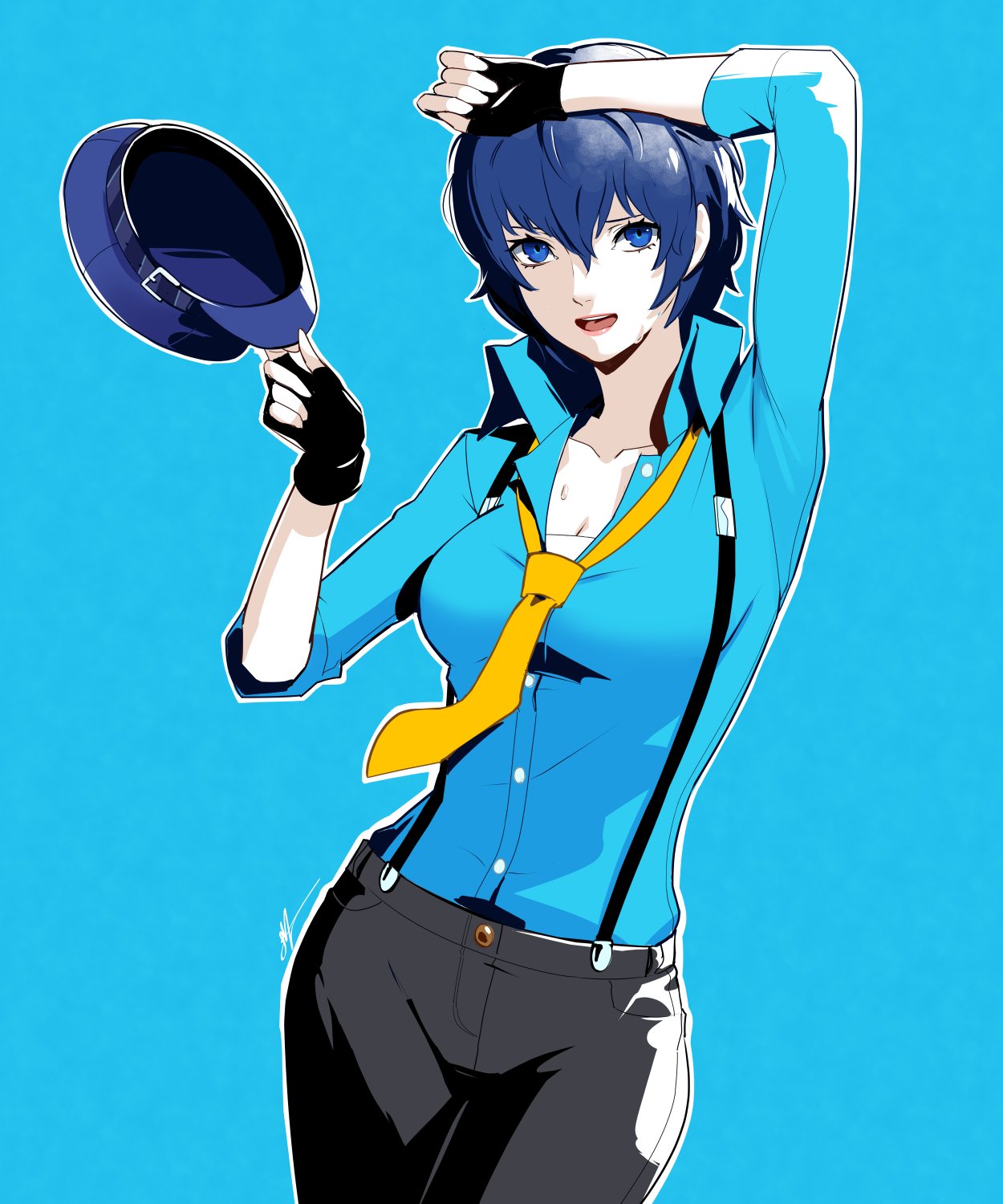 1girl, black_gloves, black_pants, blue_background, blue_eyes, blue_hat, blue_shirt, breasts