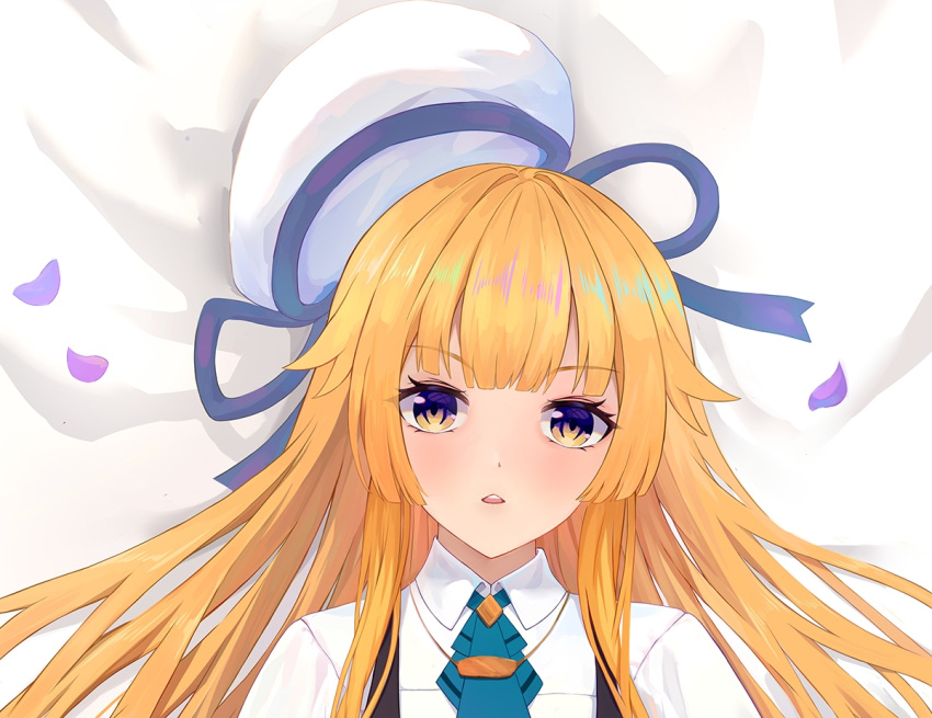 1girl, 71150521_(user_agrk2888), amakubo_yuri, ascot, bed_sheet, beret, blonde_hair, blue_ascot