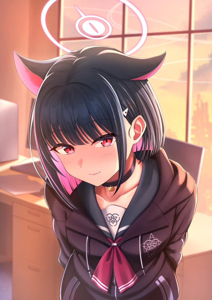 1girl, animal_ears, black_choker, black_hair, black_jacket, blue_archive, blush, cat_ears