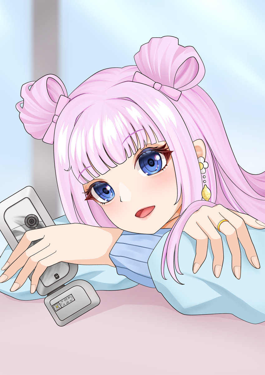 1girl, aqua_jacket, arms_on_table, assault_lily, blue_eyes, blunt_bangs, bow, cellphone, commentary, crossed_arms, day, double_bun, earrings, fingernails, food-themed_earrings, hair_bow, hair_bun, hands_up, head_on_arm, head_rest, highres, holding, holding_phone, imai_tomohiro, indoors, jacket, jewelry, lemon_earrings, light_blush, long_hair, long_sleeves, looking_at_viewer, official_alternate_costume, open_mouth, phone, pink_bow, pink_hair, portrait, ring, smartphone, smile, solo, table, tamba_akari, window