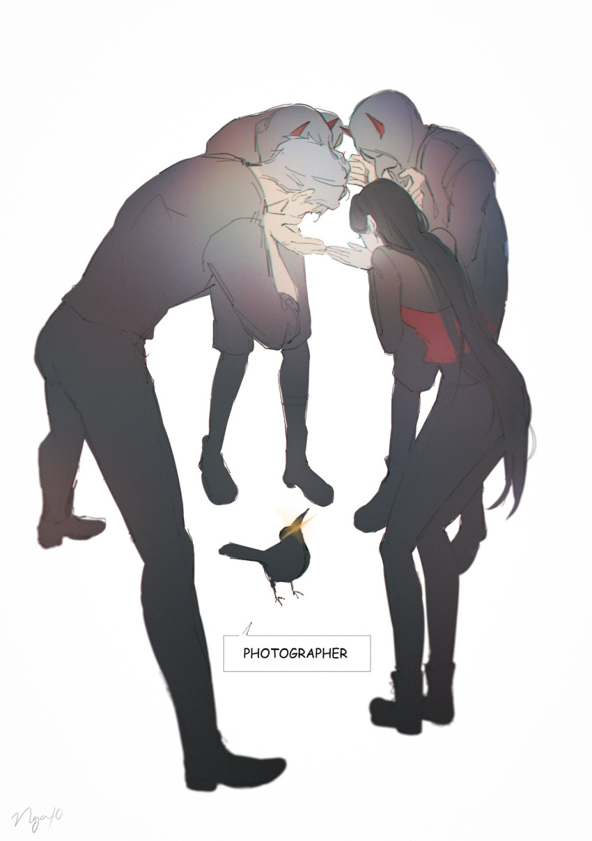 1girl, 1other, 3boys, bird, bird_mask, black_bird, boots, brown_hair