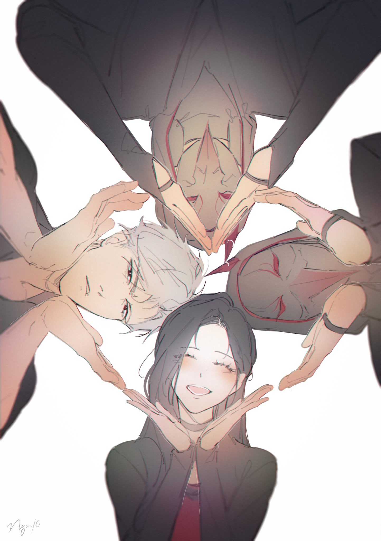 1girl, 3boys, bird_mask, blush, closed_eyes, happy, heart, heart_hands